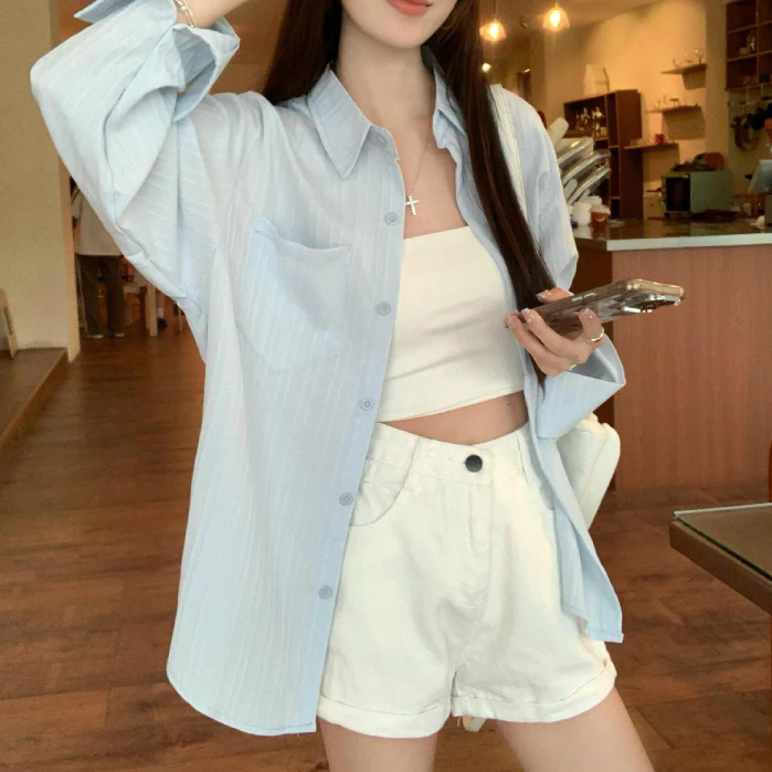 เสื้อเชิ้ตแขนยาวผู้หญิง เสื้อท็อปสีเรียบ สไตล์เรียบหรู ใส่ได้หลายโอกาส ผ้าสวมใส่สบาย นุ่ม มีให้เลือก 4 สี