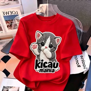 เสื้อยืดแขนสั้นสีขาวนวล แมวสามสีน่ารัก Kicau Mania สไตล์เกาหลี ฤดูร้อน Oversize เสื้อยืดผู้หญิง​ 6.23