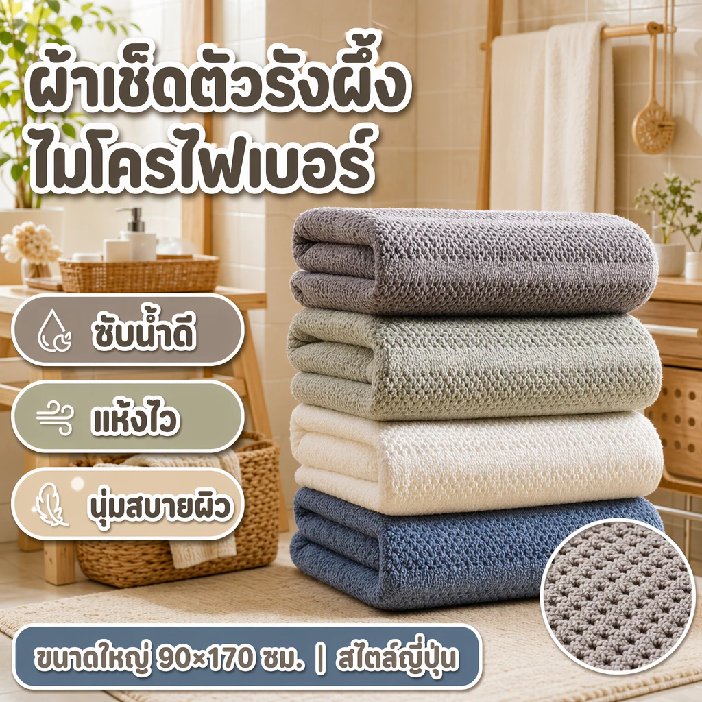 ผ้าเช็ดตัวรังผึ้ง ผ้าขนหนูผืนใหญ่ 90x170 ซม. ไมโครไฟเบอร์ นุ่ม ซับน้ำดี แห้งไว สไตล์ญี่ปุ่น