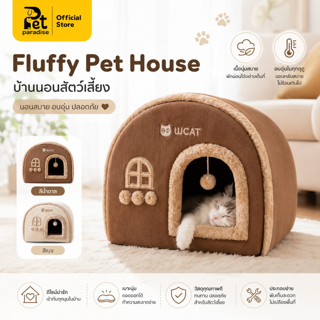🐱[PetParadise.th]🐶ที่นอนสัตว์เลี้ยง บ้านแมว บ้านหมา ขนกระต่ายนุ่มพิเศษ ทรงโดมกันลม ฐานกันน้ำ กันลื่น