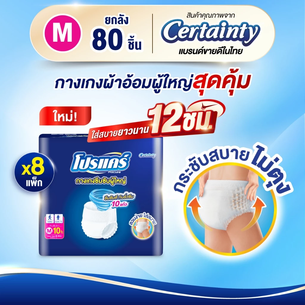 ใหม่!! [ขายยกลัง] โปรแคร์ Procuire ผ้าอ้อมผู้ใหญ่แบบกางเกง ไซส์ M (80 ชิ้น) Procare