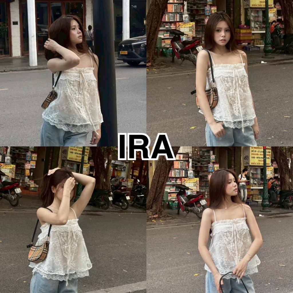 BY IRA (2026-172) Delin Top เสื้อกล้ามลูกไม้ 2 ชั้น สไตล์ซัมเมอร์  ระบายลูกไม้ ผูกโบว์ลูกไม้