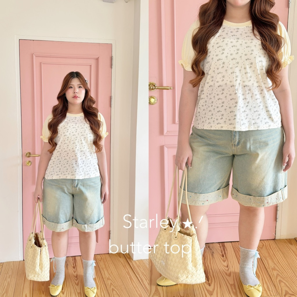 Chubbygirlbkk - Starly butter top⭑.ᐟเสื้อผ้ายืด แขนตุ๊กตาลายดาว ใส่สบาย ดีเทลทูโทน