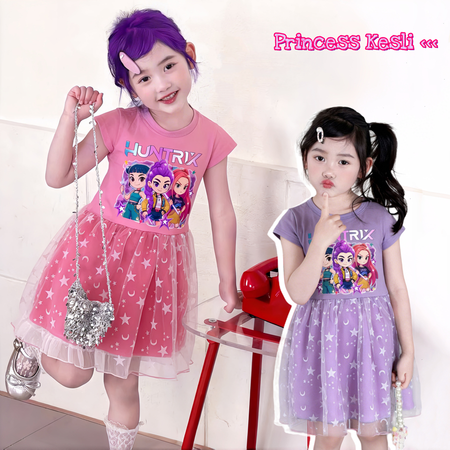 PRINCESS KESLI 2-9 ปี Kpop Hunter ชุดเดรสเด็กผู้หญิง ลายการ์ตูน ลายดาว กระโปรงลูกไม้เด็ก ชุดเด็ก แฟชั่นฤดูร้อน