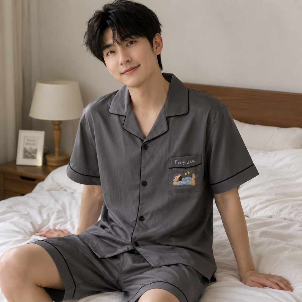 3333-1B ชุดนอนผู้ชาย แขนสั้นขาสั้นผ้าคอตตอน แต่งสีตรงขอบเสื้อ เนื้อผ้านุ่มลื่นใส่สบาย (สินค้าพร้อมส่ง)