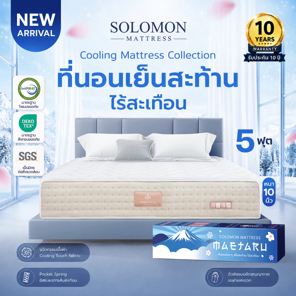 Solomon ที่นอนเย็นสะท้าน ไร้สะเทือน รุ่น Maetaru ขนาด 5 ฟุต หนา 10 นิ้ว สัมผัสเย็น เหมาะกับคนขี้ร้อน