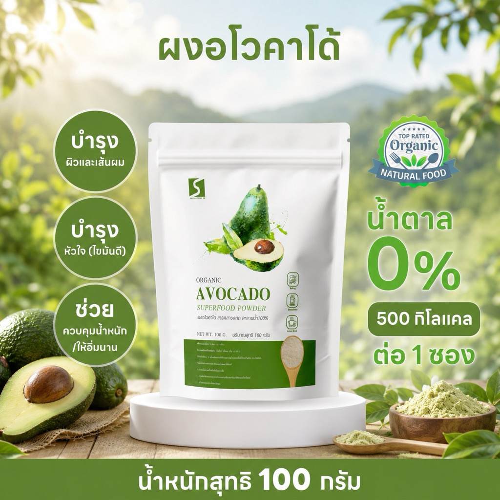 ผงอะโวคาโด 100% (Avocado Powder) เกรดพรีเมียม ละลายน้ำได้ ชงดื่ม ทำสมูทตี้ เบเกอรี่ ขนาด 100 กรัม