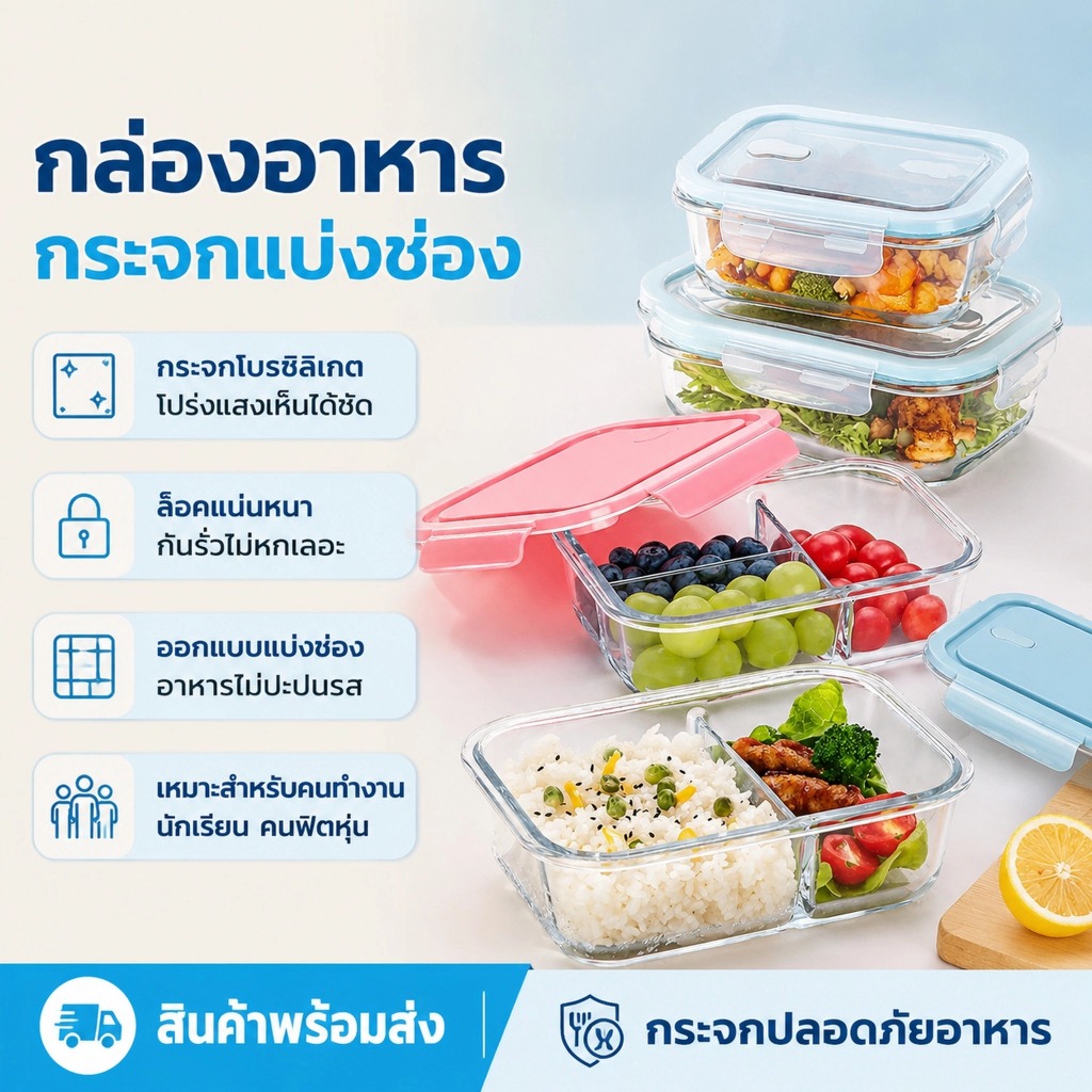 LEMO-T กล่องอาหารกลางวันแก้ว Borosilicate 1/2/3 ช่อง กันรั่วซึม ฝาปิดสนิท เข้าไมโครเวฟได้ ทนร้อนเย็น กล่องถนอมอาหาร