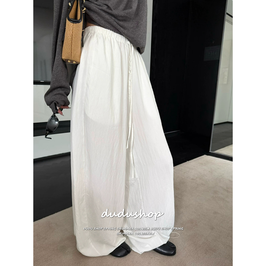 [Summer quick drying fabric, solid color pants]เกาหลีรุ่นกีฬาวินเทจผู้หญิงสบาย ๆ สีทึบยาวกว้างขากางเกง