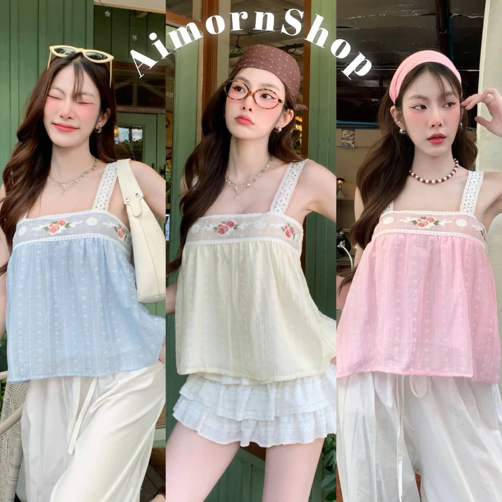 🔥aimorn_shop🔥เสื้อสายเดี่ยวสายแต่งลูกไม้ เดินขอบช่วงอกปักดอกไม้สวยๆ งานผ้าพริ้ว ใส่สบาย