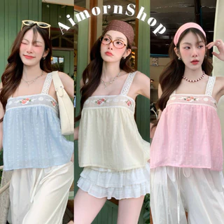 🔥aimorn_shop🔥เสื้อสายเดี่ยวสายแต่งลูกไม้ เดินขอบช่วงอกปักดอกไม้สวยๆ งานผ้าพริ้ว ใส่สบาย