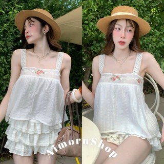 🔥aimorn_shop🔥เสื้อสายเดี่ยวสายแต่งลูกไม้ เดินขอบช่วงอกปักดอกไม้สวยๆ งานผ้าพริ้ว ใส่สบาย