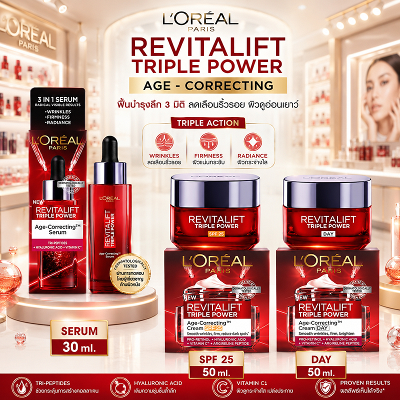 (สูตรใหม่) L'OREAL Paris Revitalift Triple Power Age-Correcting Serum 30 ml Cream 50 ml บำรุงผิวหน้า