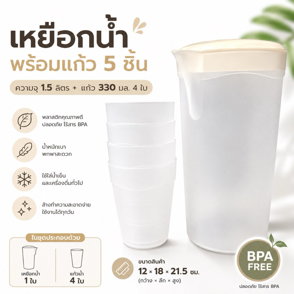 เหยือกน้ำพร้อมแก้วเล็ก 4ใบ ชุด 5ชิ้น ความจุ 1.5 ลิตร BPA Free พลาสติกหนา ทนทาน น้ำหนักเบา ใช้งานได้ทุกวัน
