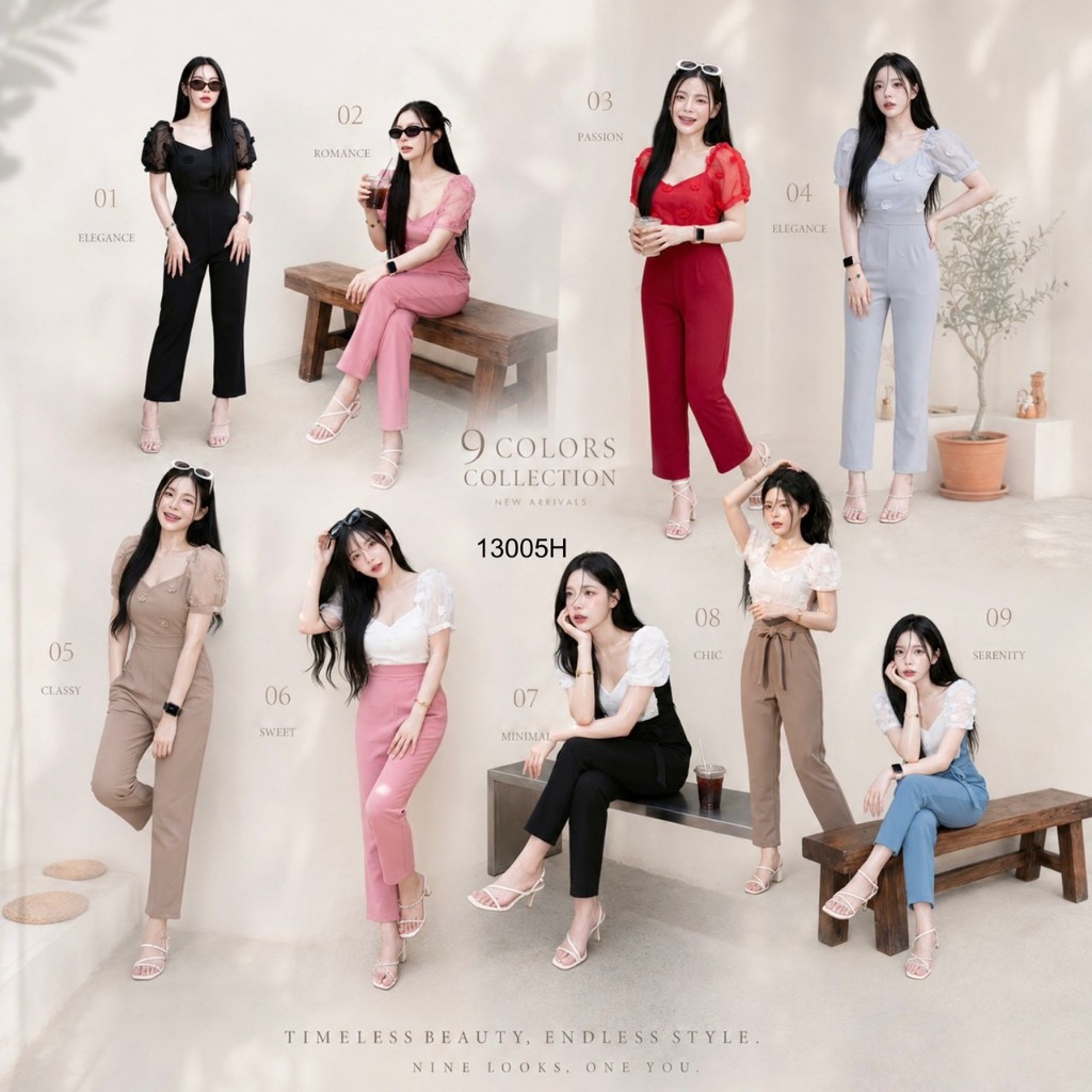 จั้มสูทขายาวสีพื้นผูกเอว TT13005