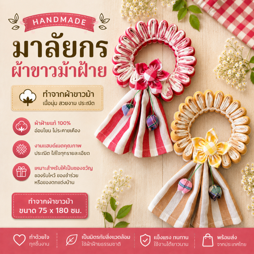 G1-มาลัยกร พวงมาลัยผ้าขาวม้าฝ้าย ทอมือ พร้อมกล่อง/ถุงแก้ว ของฝาก ของที่ระลึก งานเกษียณ OTOP