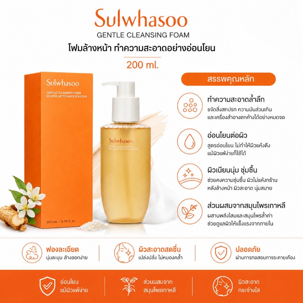 ❤️ไม่แท้คืนเงิน❤️Sulwhasoo Gentle Cleansing Foam 200 ml.คลีนซิ่งโฟมสูตรน้ำ