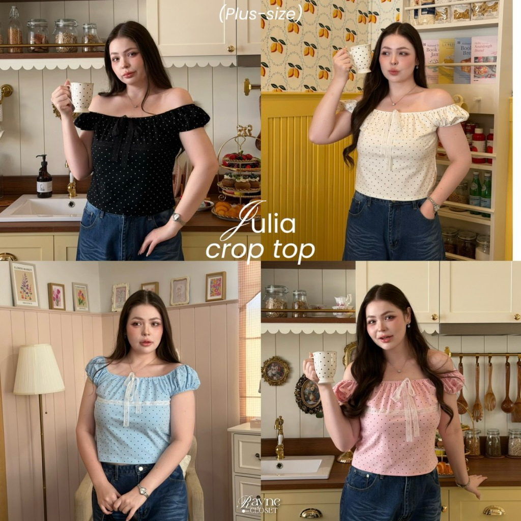 Julia crop Top - เสื้อปาดไหล่ลายจุด (Polka Dot) แต่งลูกไม้ | Rayne.closet