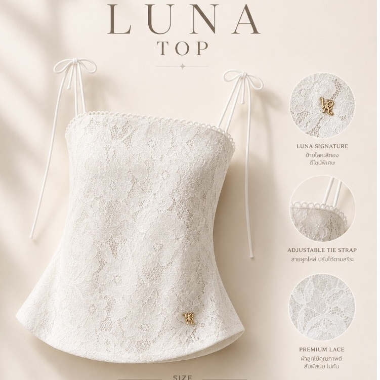 LUNA TOP 790.- เสื้อสายเดี่ยวลายลูกไม้ สายเป็นแบบผูกปรับระดับได้ตามต้องการ ลายผ้าลูกไม้