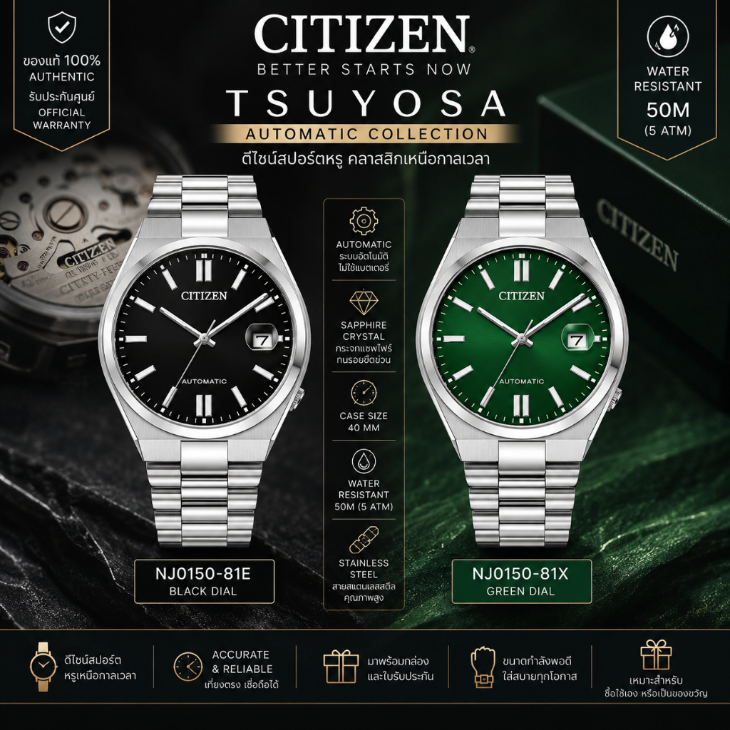 CITIZEN NJ0150-81E NJ0150-81X Tsuyosa Automatic นาฬิกาผู้ชาย หน้าปัดดำ สายสแตนเลส 40mm กันน้ำ 50M พร้อมกล่องและประกัน