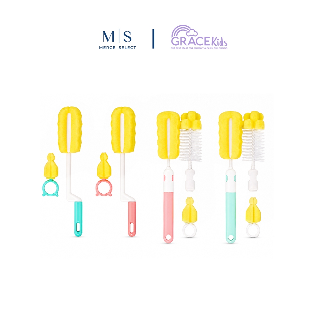 Grace Kids แปรงล้างขวดนม ชุดทำความสะอาด 3in1 หัวแปรงฟองน้ำ/ไนลอน พร้อมแปรงจุกนมและแปรงล้างหลอด