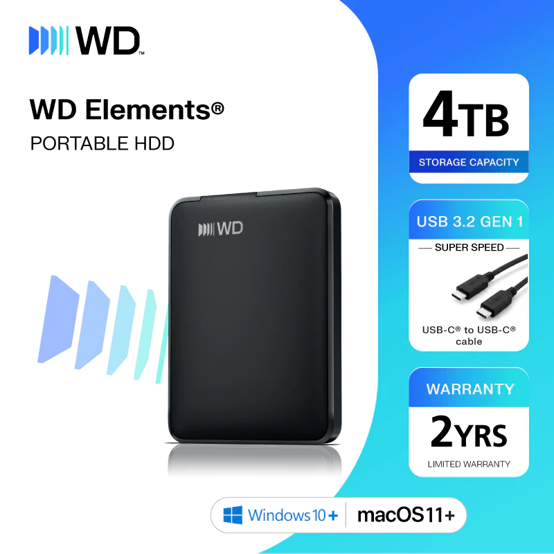 Western Digital HDD ELEMENTS USB-C 4TB (BLACK) ฮาร์ดดิสก์แบบพกพา รุ่น ELEMENTS USB-C