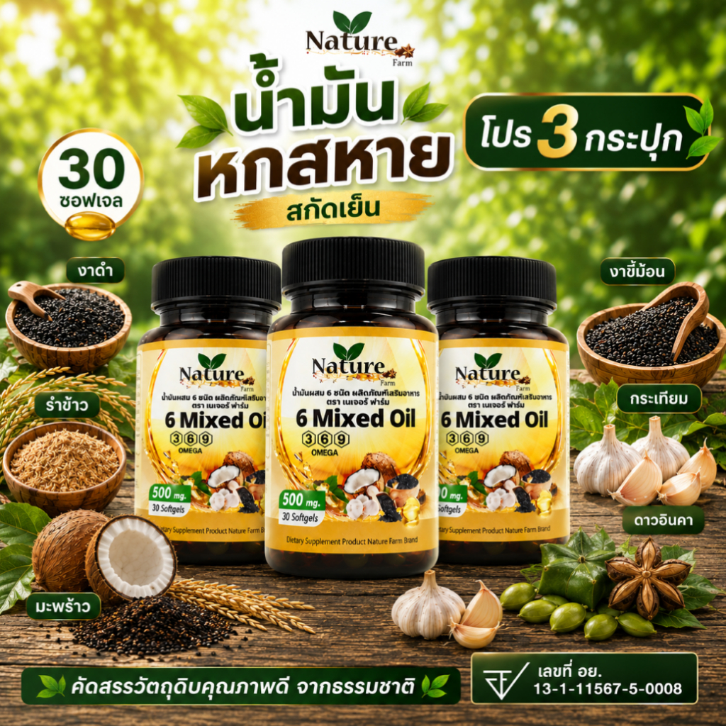 🔥พร้อมส่ง🔥 โปร 3 กระปุก น้ำมันหกสหายสกัดเย็น30แคปซูล (รวม90แคปซูล)