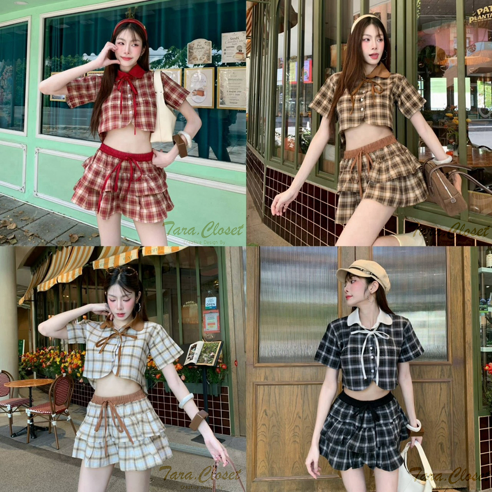 BA129 TARA SET 2 ชิ้น เสื้อเชิ้ตครอป คอปก ลายสก็อต แขนสั้น + กระโปรง เอวยางยืด เย็บเป็นชั้นๆ มีกางเกงซับใน เนื้อผ้าฝ้าย