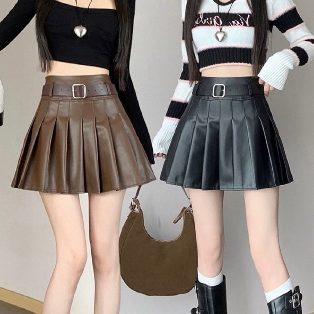 ALLSHOPPA  BUNNIE BELT กระโปรงหนังสั้น กระโปรงเทนนิส กระโปรงพลีสหนังแถมเข็มขัด กระโปรงหนังPU