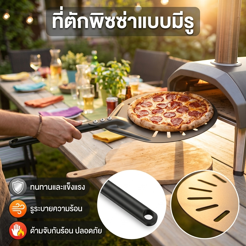 ไม้ตักหมุนพิซซ่า | อลูมิเนียมด้ามยาว แบบเจาะรู | พื้นผิวกันติดและกันรอย | ขนาด 15.7×5.9×8.46 นิ้ว