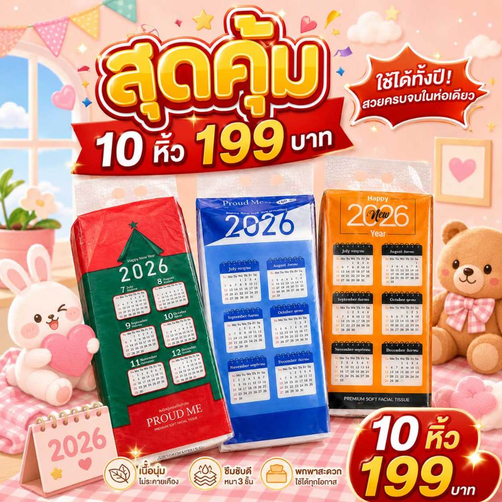 ยิ่งซื้อยิ่งลด ทิชชู่ปฏิทิน ทิชชู่Proudme ทิชชู่แบบแขวน สัมผัสนุ่มละมุนไม่เป็นขุย