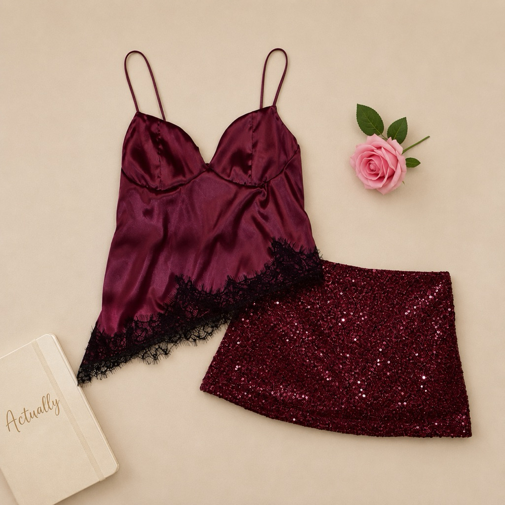 Lady Fashion ชุดเซ็ต 2 ชิ้น เสื้อผ้าซาตินเรียบหรู กระโปรงผ้าเลื่อม เล่นแสง