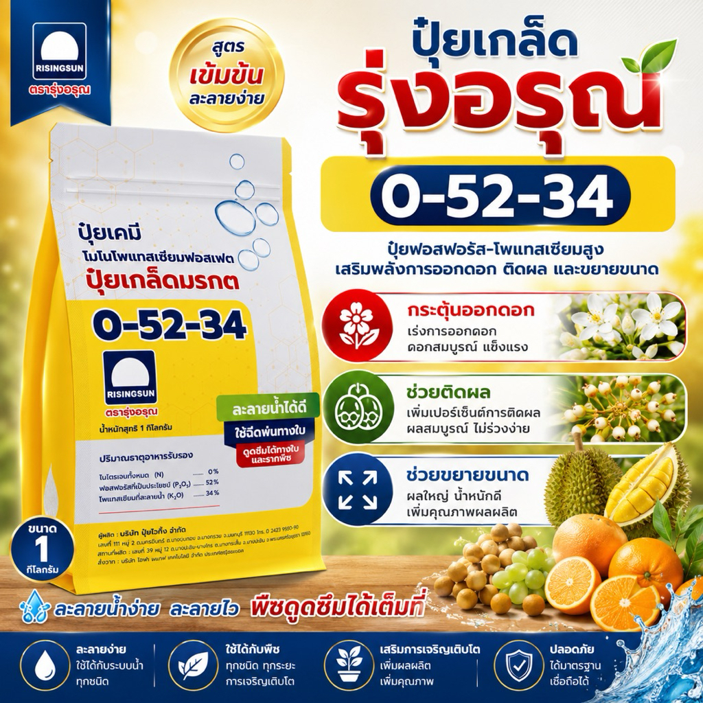 ปุ๋ยเกล็ดรุ่งอรุณ 0-52-34 ขนาด 1 กิโลกรัม กระตุ้นออกดอก ช่วยติดผล ช่วยขยายขนาด