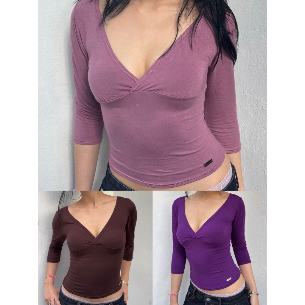 Buarchom—(BCM005) Roxie half sleeve เสื้อยืดแขนครึ่งศอก เสื้อคอวี แขน3ส่วน ผ้านุ่ม ใส่สบาย ผ้าเรย่อน ยืดได้เยอะ