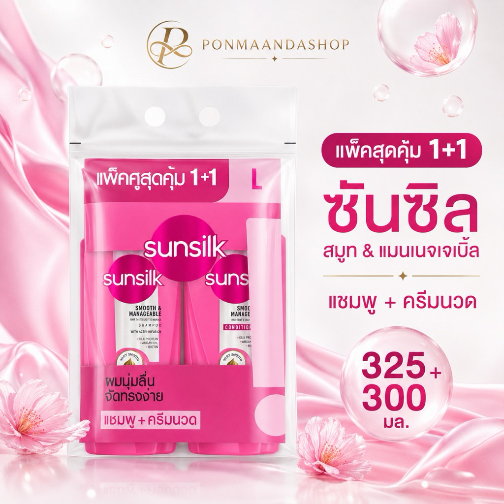 [ซันซิล สระ-นวด ชมพู  2 ขวด ] Sunsilk ซันซิล แชมพู+นวด  บำรุงผม ผมสวย สุขภาพดี ขนาด 325+320มล.