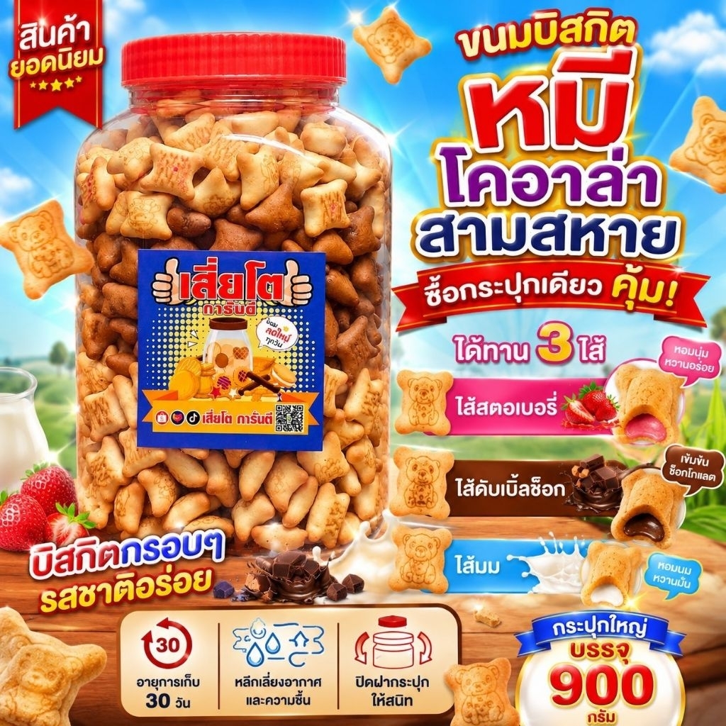 (900กรัม) ขนมบิสกิตหมีสามสหาย (สตอ+ดับเบิ้ลช๊อก+นม)
