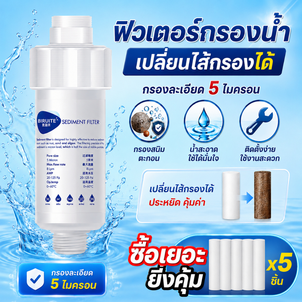 🚿COD🚿 ฟิลเตอร์กรองน้ำ ที่กรองน้ำฝักบัว ถอดเปลี่ยนไส้กรองได้ ไส้กรอง PP 5 ไมครอน ติดตั้งง่าย กรองน้ำประปา