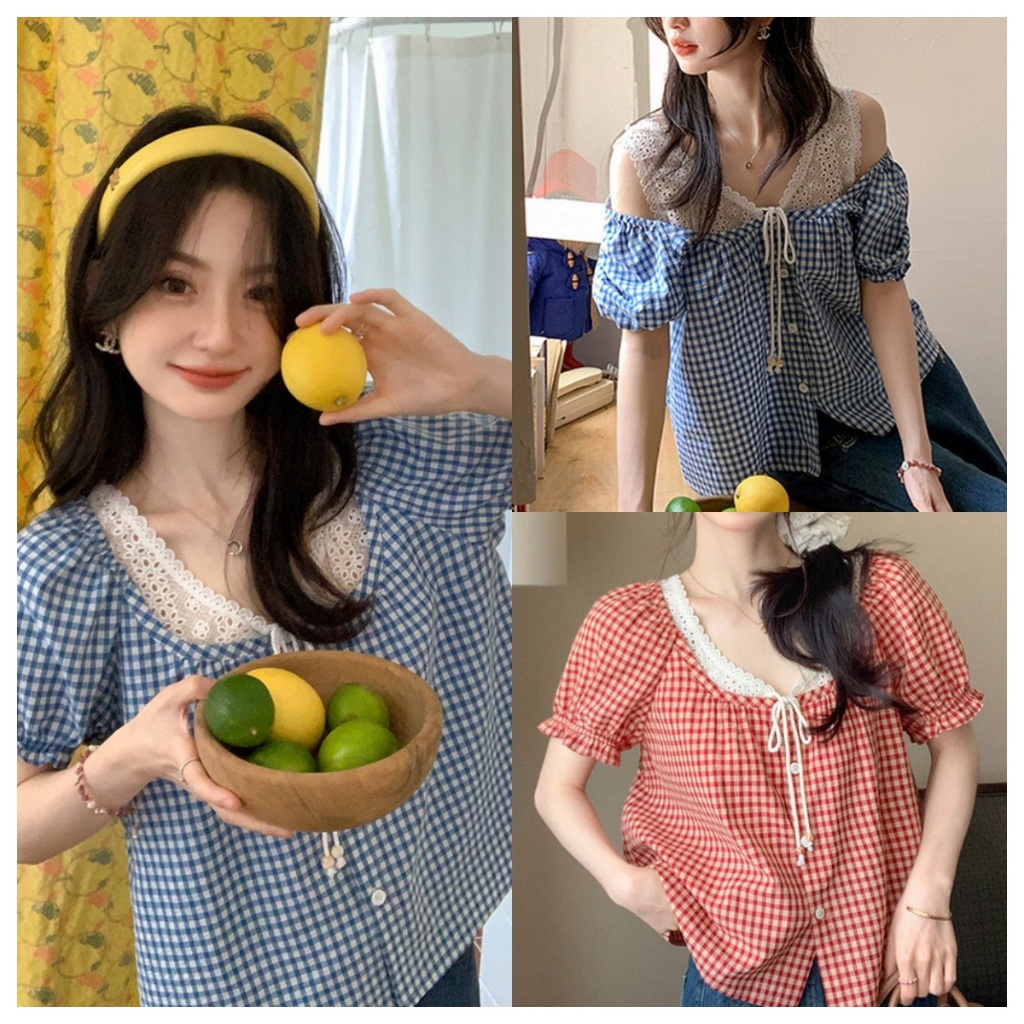 Beryl เสื้อลูกไม้แขนสั้นสีฟ้าอ่อน  สามารถใส่ได้สองแบบ  สไตล์ฝรั่งเศสหวานๆ