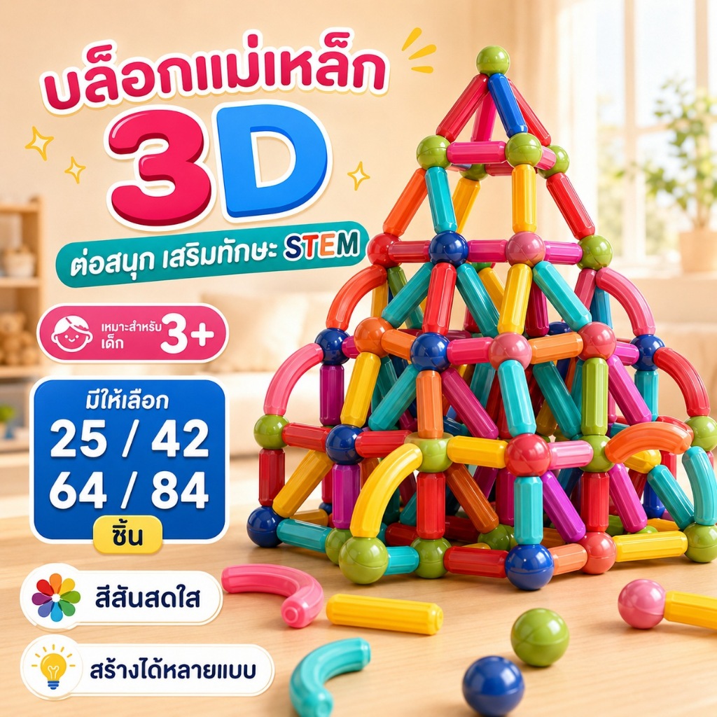 KiKi บล็อคตัวต่อแม่เหล็ก 3D ของเล่นเด็ก เสริมทักษะ บล็อกตัวต่อแม่เหล็ก สร้างจินตนาการ เกมสมอง