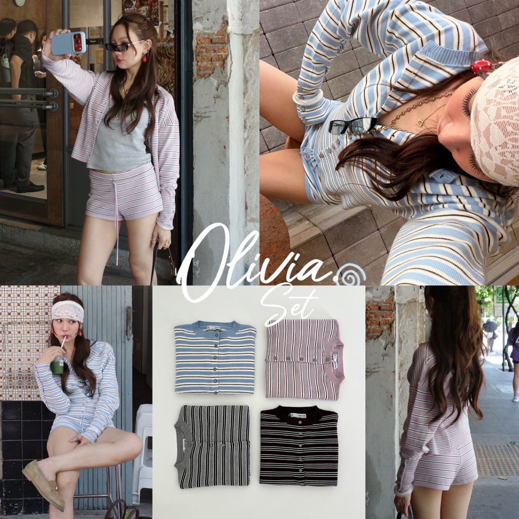 LOONNYSTORE ชุดเซ็ต ลายทาง รุ่น Olivia Set :ชุดเซ็ตไหมพรม 2 ชิ้น เสื้อแขนยาว+กางเกงขาสั้น ผ้านิ่ม ลายริ้วเล็ก