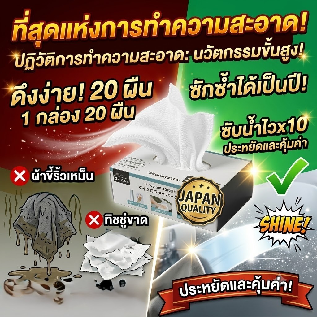 ผ้าไมโครไฟเบอร์แบบกล่องดึง Takeda (20ผืน) คุณภาพญี่ปุ่น ผ้าทำความสะอาดมินิมอล ผ้าเช็ดรถ ซับน้ำไว แห้งเร็ว ผ้าเช็ดโต๊ะ ไม่ทิ้งขุย