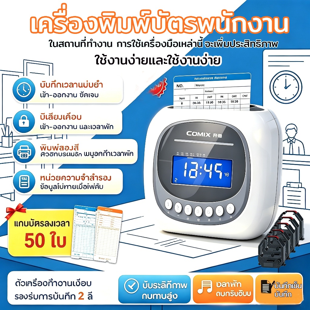 เครื่องลงเวลาบัตรกระดาษ เครื่องบันทึกเวลาสำหรับพนักงาน บันทึกอัตโนมัติและอัปเดตเวลาอัตโนมัติ สำนักงาน ให้กระดาษพิมพ์
