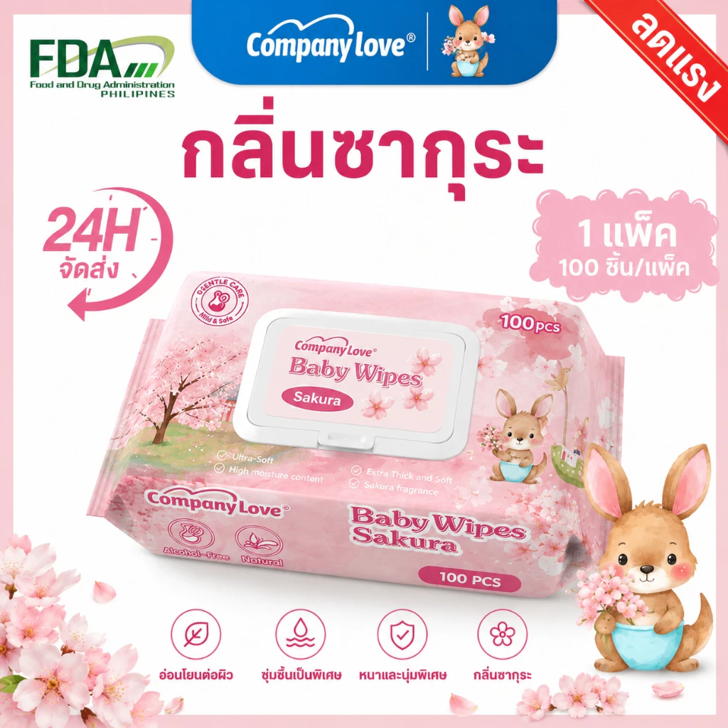 ทิชชู่เปียก Company Love 100แผ่น ห่อใหญ่ กลิ่นดอกซากุระ สูตรอ่อนโยน ผ้าเช็ดหน้าเช็ดตัวเด็ก เนื้อหนานุ่ม ใช้ได้ตั้งแต่แรก