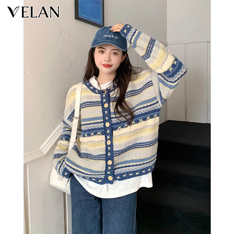 [พร้อมส่ง]เสื้อคาร์ดิแกน เสื้อกันหนาว แขนยาว ไหมพรมกระดุมหน้าถักลาย ทรงหลวม ลายทาง บล็อกสี สไตล์เกาหลี สําหรับผู้หญิง