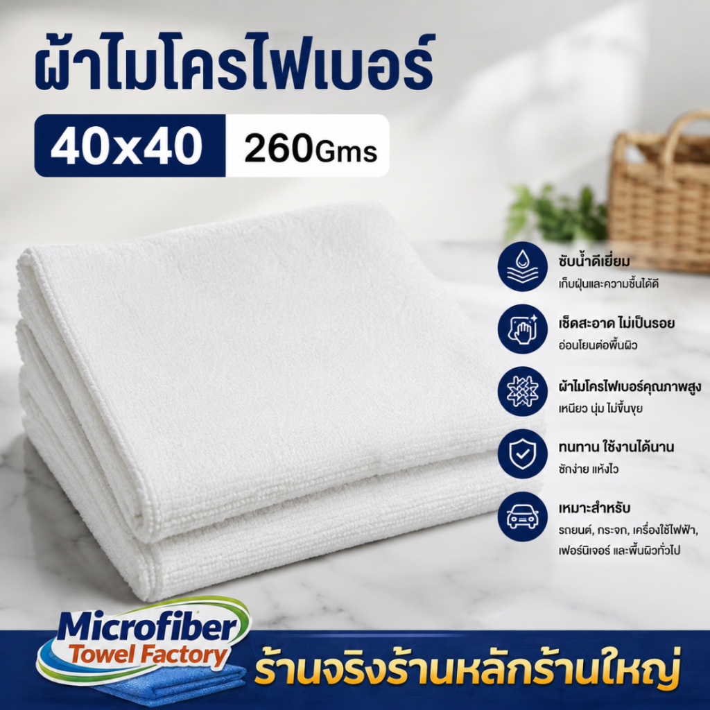 ผ้าไมโครไฟเบอร์ 40x40 260g  ผ้าเช็ดรถอเนกประสงค์ ซึมซับน้ำดีเยี่ยม (สีขาว)