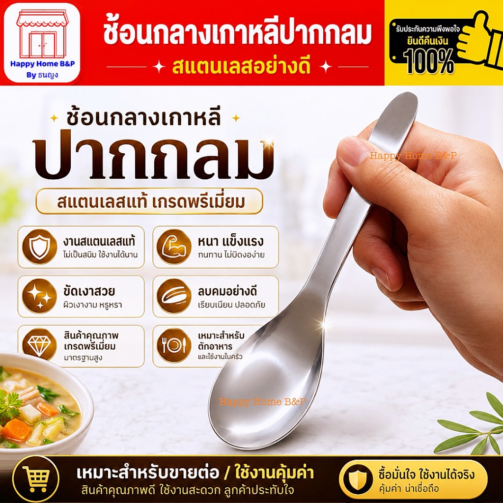 ช้อน ช้อนแกง ยาว สำหรับตักแกง ซุป ทำจาก สแตนเลส เกรด A แข็งแรง หนามาก ทนทาน ไม่คบ (ราคาต่อ 1 อัน) 12 อัน ราคาส่ง