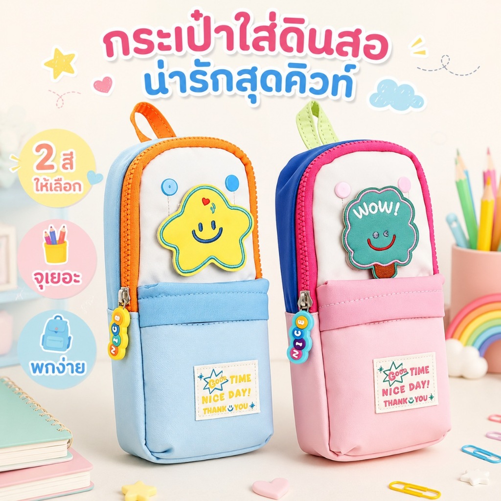 KiKi กระเป๋าดินสอเด็กผู้หญิง กล่องดินสอน่ารัก ความจุใหญ่ มีหูหิ้ว ลายการ์ตูน ถอดแผ่นตกแต่งได้ สำหรับนักเรียนประถม