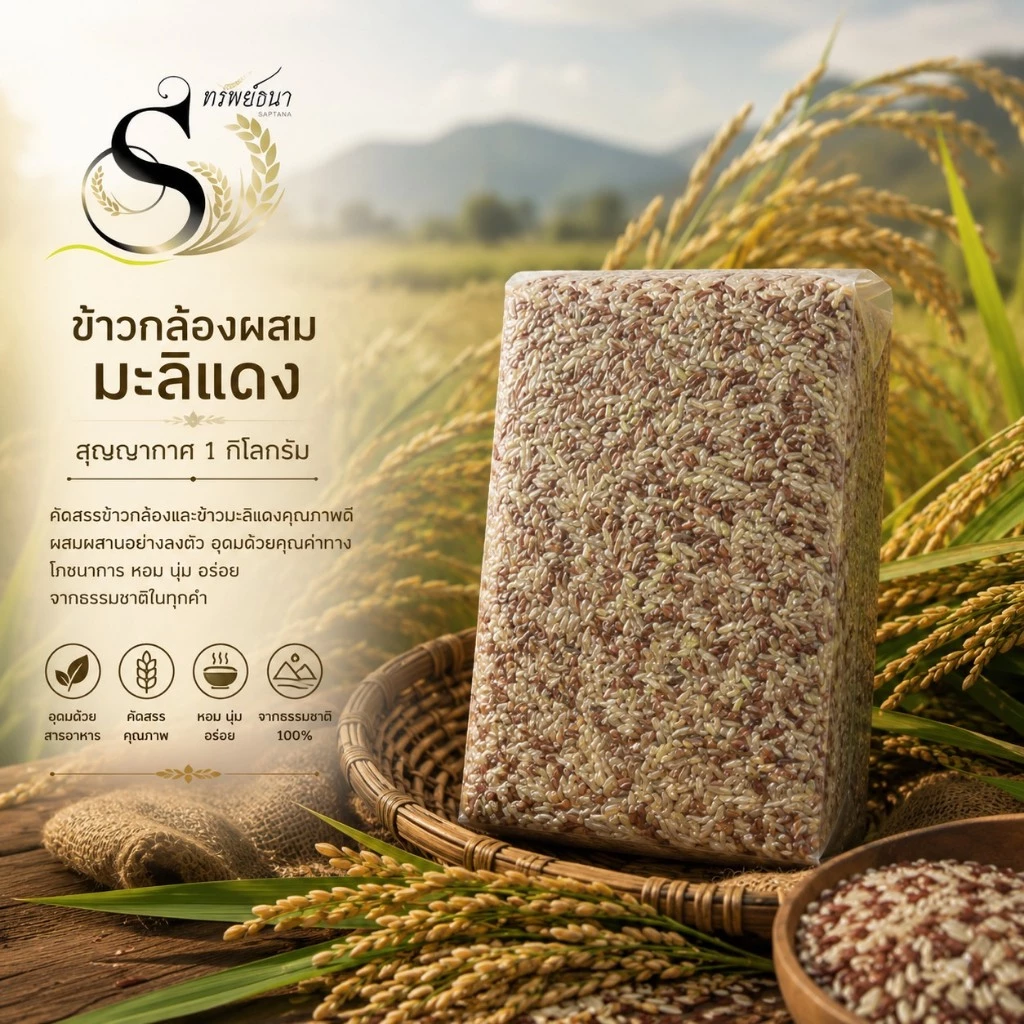 ข้าวกล้องผสมมะลิแดง หอม นุ่ม แพค1กิโลกรัม ตรา ทรัพย์ธนา