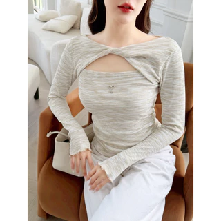 NO.635 Mimi Top เสื้อยืดแขนยาวผ้าลายดีไซน์คอทวิส