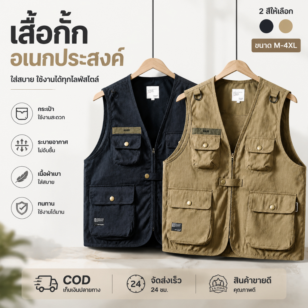 UniWear | คุณภาพสูงเสื้อกั๊ก แคมป์ปิ้ง แขนกุด มีซิปหน้า เดินป่า เที่ยวเขา Camping vest
